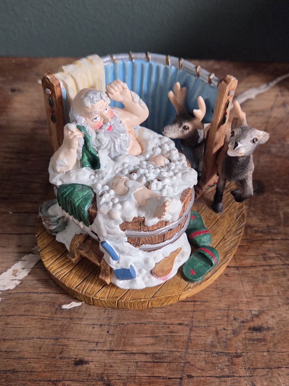 Holiday Santa in Snowy Tub Figurine - Green and White